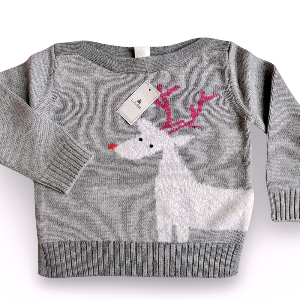 NWT Baby Gap Reindeer Cotton Christmas Sweater - Gray - Size 2T